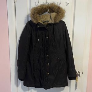 a.n.a black winter jacket with fur lined hood.